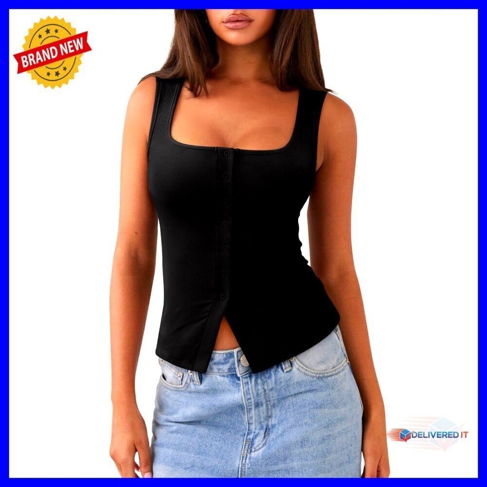 Sexy Ribbed Square Neck Button Down Crop Tank Top Sleeveless Y2K
